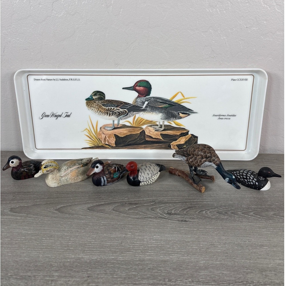 6 Hand Painted Duck Figurines Set and Vintage Audubon Green Winged Teal Tray